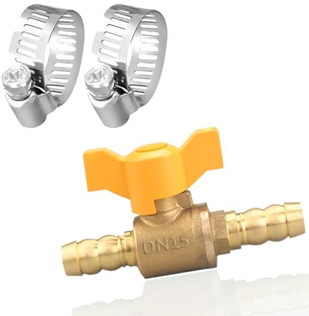YHZPDP 1 Stück 2 Wege Schlauchverbinder mit Absperrhähnen, 10mm Messing Schlauchstutzen Kugelhahn Schalter, 2 Rohrschellen, Abzweigventil, für Tischlerarmatur, Luft, Wasser, Gas