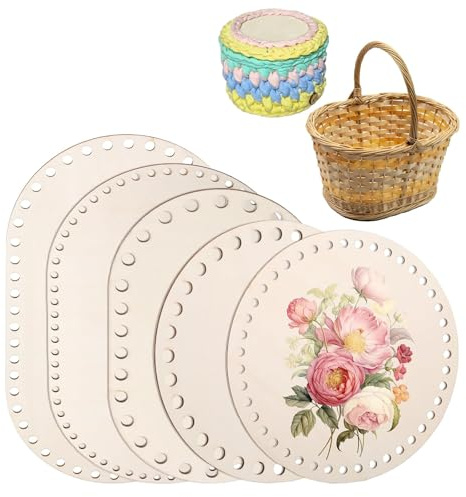 LandReCol 5 Stück korbboden zum Häkeln – Holzboden zum Häkeln für DIY Basteln & Handwerkskunst, Naturholzkorbboden Set 15/20/25/30cm Oval/Rund | Korbweben für Heimdekoration & Geschenkideen