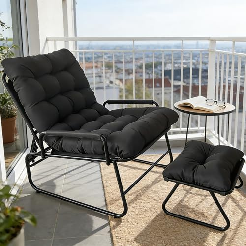 Cozykimo Loungesessel Outdoor mit Hocker, Relaxsessel Garten, Gartensessel 150 Kg, mit Liegefunktion, Sessel mit Hocker, Balkonsessel Verstellbare Rückenlehne, für Garten, Pool, Terrasse Grey