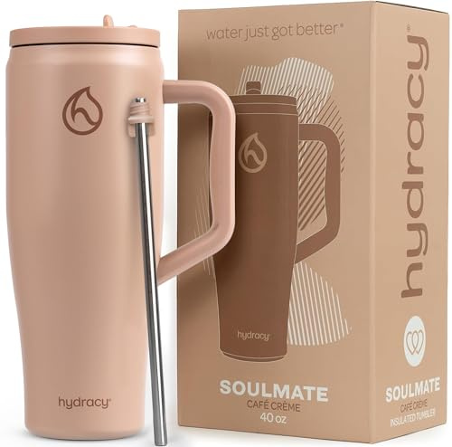 Hydracy Soulmate Bicchiere termico da 1,18 L con manico e cannuccia retrattile - Tazza isolante riutilizzabile a prova di perdite al 100% con cannuccia in acciaio inossidabile - Cafe Crème