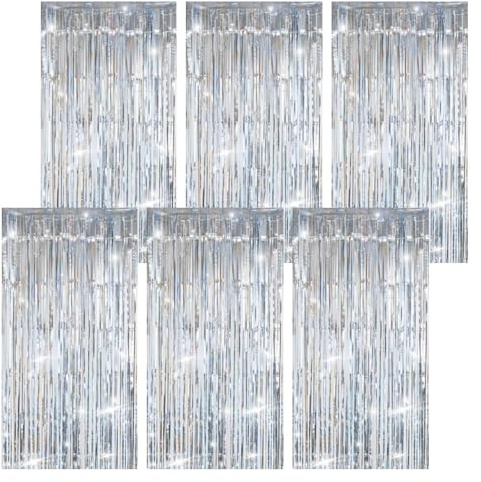 GFUEIGJ Tinsel - Tenda in argento, 6 pezzi, con brillantini, 1 m x 2 m, con frange, per feste, compleanni, matrimoni, decorazioni per palcoscenici
