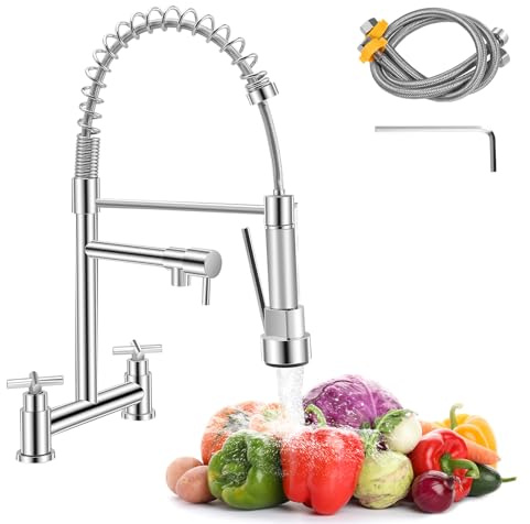 Kitchen Taps Mixer, Sink Mixer Taps 2 Hole Dual Lever, 360° Swivel Brass Faucet with 2 Spray Modes, Corrosion-Resistant Ceramic Valve, Easy Install 2-Hole Deck Mounted (UK 180mm Centre) (Silvery)