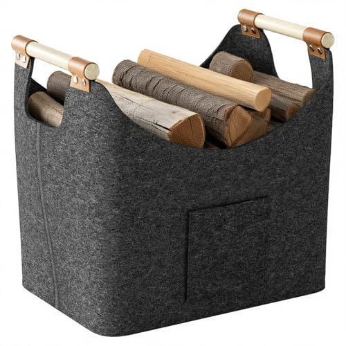 Holzkorb für Kaminholz-XXL, Brennholzkorb aus extra dickem Filz | mit verstärkten Holzgriffen, 60L Groß Kaminholzkorb für Holz, Zeitung oder Brennholz