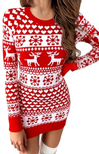 Leversic Vestidos Suéter Navidad Mujer Jersey Invierno de Punto Suéter Minivestido de Manga Larga con Diseño de Renos y Copos de Nieve S-XXL(Rojo,M)