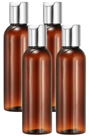 sourcing map 4 Pcs Plastic Travel Bottles, 2 oz Empty Shampoo Bottles with Silver-White Disc Top Caps Clear Refillable Travel Squeeze Containers for Lotions Cosmetics Body Soap, Brown