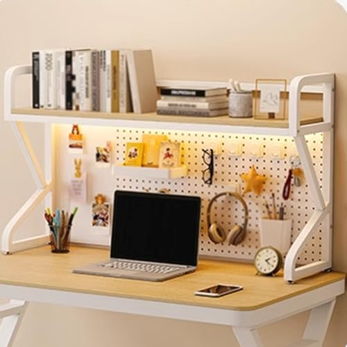 Estante de escritorio de oficina de acero al carbono y almacenamiento de madera, 130 cm, color blanco y nogal, para suministros, elegante escritorio para uso doméstico y de oficina