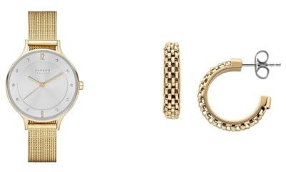 Skagen Damen Anita Lille Goldfarbene Edelstahl Uhr und Merete Goldfarbene Ohrringe, Set