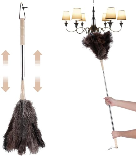 Piumino di struzzo telescopico lavabile fino a 110 cm, allungabile, piumino antipolvere con gancio, adatto per coperte e superfici delicate, antigraffio