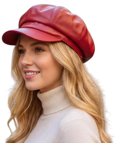 HIQIU Ballonmütze Damen aus PU Leder Achteckiger Hut Vintage Schirmmütze Damen Baskenmütze Maler Newsboy Cap