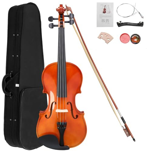 4/4 Full Size Acoustic Violin with Case Bow Rosin Strings Tuner Shoulder Rest, Natural Color
