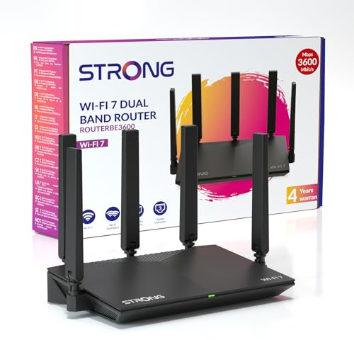 Strong BE3600 Dual-Band Router Wi-Fi 7, Fino a 3,6 Gbps, MLO, Modem Wi-Fi 7 Internet, Porte 2,5G WAN + GE LAN, 5 Antenne, App, Controllo Genitori, Sicurezza WPA3, TWT, IPv6