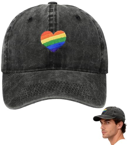 RUINUVYS Schwarze Denim-Rainbow-Cap – Bunte Herzmuster und dezentes Denim-Design – Unisex-Größe – Perfekt für Sommer, Outdoor-Aktivitäten und Pride-Events