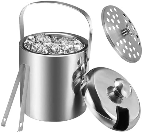 Stainless Steel Ice Bucket with Double-Layer Insulation, Lid, Strainer, Ice Clamp. Includes Carrying Handle and 1.3L Insulated Design. Ideal for Bars, Restaurants, Parties, Weddings, Outdoor Events.