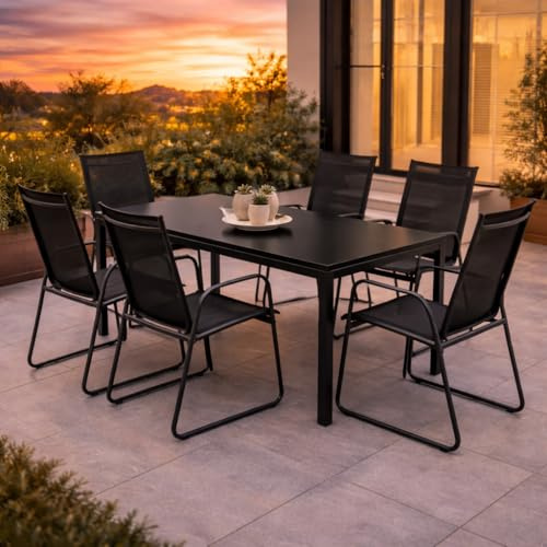 Mojawo 7tlg Outdoormöbel Set Gartenmöbel Gartengarnitur Glastisch Gartentisch 150x80cm + 6 Sessel Schwarz