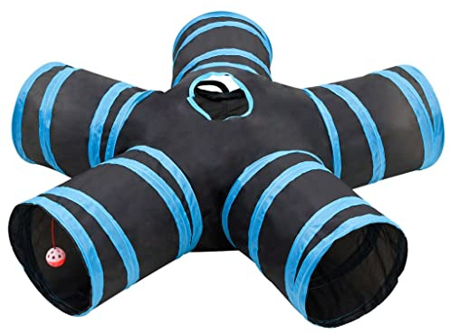 Ordellia Kattunnel, 5 vägar, svart, blå av polyester och stål, 30 cm per tunnel, 25 cm diameter, vikbar med bärväska, för inomhus, utomhus, lek för katter och små djur