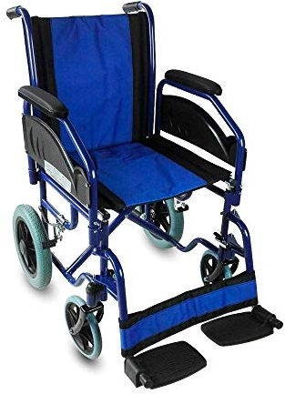 Mobiclinic®, Carrozzina pieghevole, Maestranza, Freni di stazionamento, Seduta da 45 cm, Pedane rimovibili, Braccioli pieghevoli e imbottiti, Ruote piccole, Robusta, Colore blu