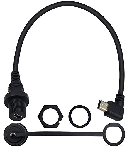Duttek Mini USB Panel Mount Cable, Left Angled Mini USB Mount Extension Dash Flush Cable Male to Female for Car, Boat, Motorcycle, Truck Dashboard 30cm/12 Inch