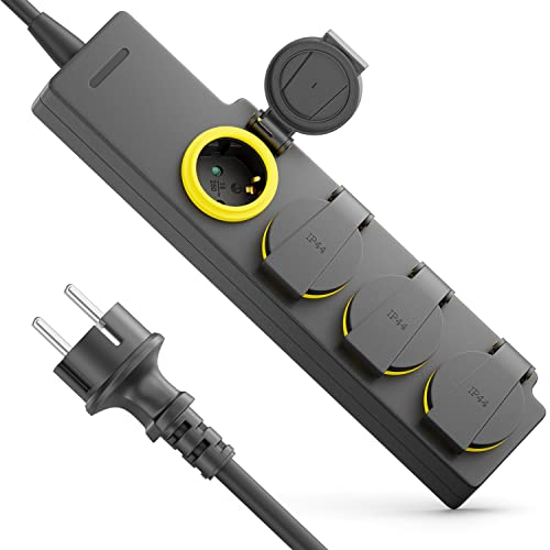 deleyCON Regleta Exterior de 4 Tomas con Cable de 3,0m para Uso en Exteriores, 4 Bases con Protección de Contacto, IP44 Resistente a Salpicaduras para Jardín, Terraza, Balcón, Sótano y Garaje
