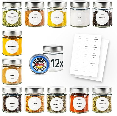 PUREGANIC® Gewürzgläser Set 12x 150 ml kleine Schraubgläser mit Deckel & Etiketten selbstklebend/Gewürze Aufbewahrung, Gewürzglas, Aufbewahrungsgläser/Ø 58 mm Deckel