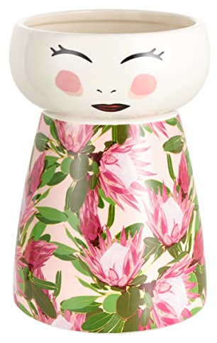 Baroni Home Vaso Pop, Soprammobile Moderno Dipinto a Mano, Statuetta da Interno o Esterno, Vestito Fiori Rosa, 15X15X21 cm