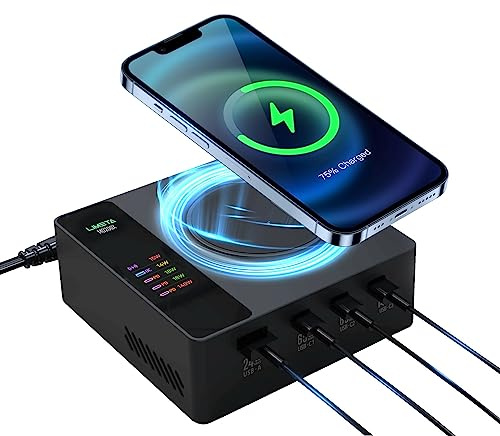 LIMETA MD200X 200W 5-in-1 Fast Charging Station with Display and Wireless Charger, Desktop Charger Hub Multi Port USB Plug UK Compatible with Laptop MacBook Pro 16, Dell XPS, iPhone 16 Pro, Galaxy S24