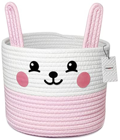 Inwagui Kleiner Aufbewahrungskorb Geflochten aus Baumwoll Kinderzimmer Regalkorb Häschen Dekorativer Baumwollseilkorb Baby Spielzeug Organizer Windeltasche, D25 x H20 cm (Weiß/Rosa)