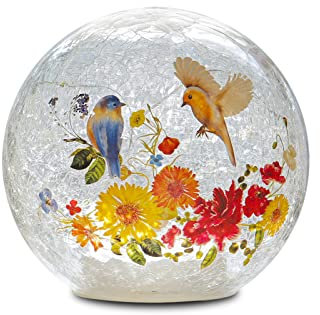 BERSCAH Glass Ball Light Crackle LED Night Light Flower Birds Grass Pattern Globe Glass Table Lamp, Orb Cardinal Night Light for Outdoor Decorations Pathway Patio Yard Lawn Bedroom - 1 Pack
