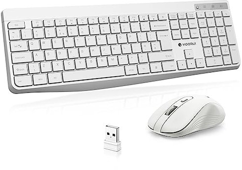 KOORUI Wireless Keyboard and Mouse Combos, 12 Multimedia and Shortcut Keys UK Layout Full Size Keyboard and Mouse Set for Windows,MacOS,Linux-White (Battery Not Included)