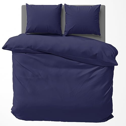 Visaggio Bettwäsche 155x200 cm Baumwolle Uni Bettbezug Garnitur Set Einfarbig Blau