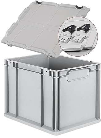 Eurobox NextGen Economy 40x30x32cm Griffe geschlossen mit Scharnierdeckel grau, Kunststoffbox 30 Liter stapelbar Transportbox, Campingbox Farbe Deckel-Verschlüsse wählbar (Verschlüsse Schwarz)