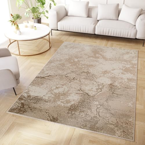 TAPISO Crystal Teppich Kurzflor Glänzend Braun Beige Marmoreffekt 3D Effekt Wohnzimmer Schlafzimmer Modern Design ÖKO-TEX 300 x 400 cm