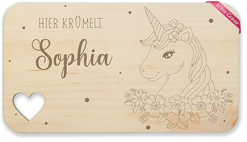 Frühstücksbrettchen Holz Herz - Einhörner - Hier krümelt Name Einhornkopf I Einhorn Geschenke Kinder für Mädchen Unicorn - 22,5x12,5 - Holz - brettchen personalisiertes holzbrett