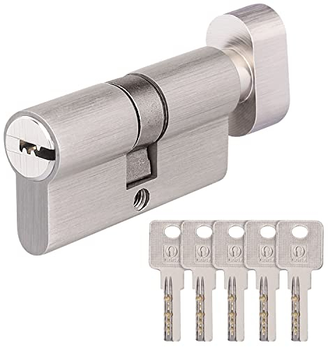 TAKUZA Brass Lock Cylinder with Knob, 30/30, 5 Brass Keys, Profile Cylinder, Reversible Key, Door Lock Replacement, Security Front Door