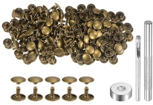 QUARKZMAN 200 Juegos Remaches de Cuero 12mm X 10mm Remaches de Metal Bronce | de Doble Tapa, Sujetadores, Con 3 Instalación Herramientas, para manualidades Cuero manualidades