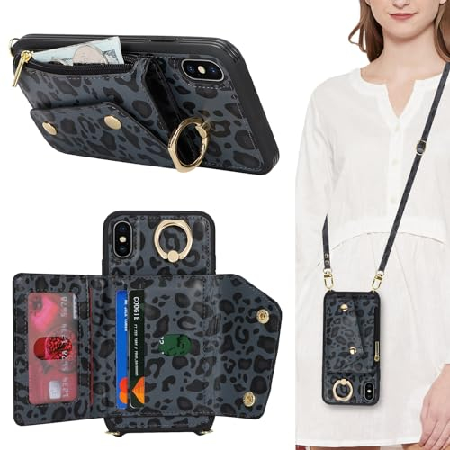 Lipvina Hülle für iPhone X/XS Hülle mit Band Kartenhalter handyhülle Hülle für iPhone X/XS mit Reißverschluss Band Ring Ständer Case für Frauen - Schwarzer Leopard