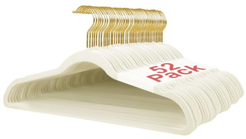 Wellong Kleiderbügel Samt, 45 cm rutschfeste mit Stabile Schulterkerben | Kleiderbügel für Mäntel, Hosen, Silbe, 52 Stück – Crème mit Goldene Drehhaken