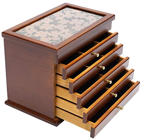 WOQLIBE Holz Schmuckkästchen, Schmuck-Organizer, 6 Ebenen Schmuckaufbewahrung Holz Große mit Schublade, Schmuckkoffer für Uhren, Ohrringe, Ringe (Braun)