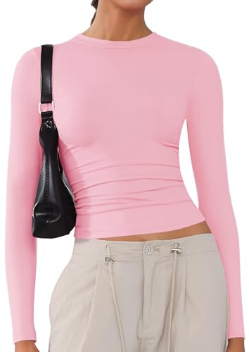 ARCFEETORY Women's Soft Long Sleeve Shirts Crew Neck Tops Basic Tees Stretchy Going Out Crop Tops Y2K Slim Fit T-Shirts Pink S