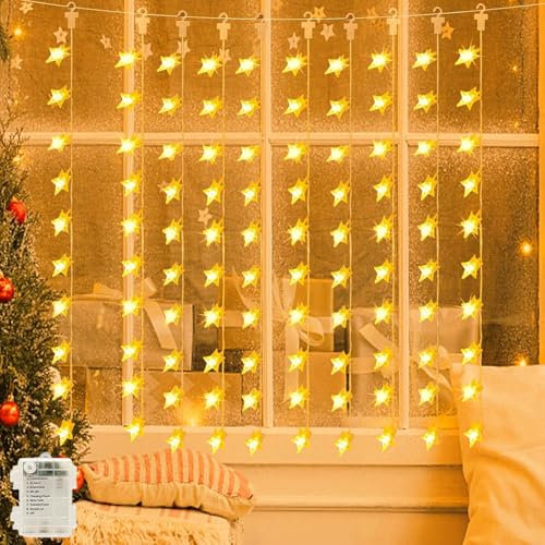 Neonawall Star Curtain Fairy Lights Battery Powered 2m x 1m 100 LED Christmas String Lights Outdoor Star Lights Waterproof & 8 Modes for Windows Bedroom Party Indoor Outside Decorations (Warm White)
