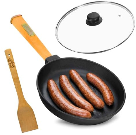 4BIG.fun Ø24cm Pfanne aus Gusseisen mit Holzgriff Glasdeckel abschraubbar 50mm hoch Gusseisenpfanne Bratpfanne Steakpfannen Cast Iron Pan Feuerpfanne alle Herdarten Induktion Pfannenwender