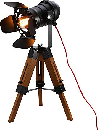 HUSPOO Lámpara de pie de madera con trípode, lámpara de pie LED vintage, lámpara de pie Tripod lámpara de pie lámpara de estudio, altura regulable, para salón, cine, decoración, E27 (sin bombilla)