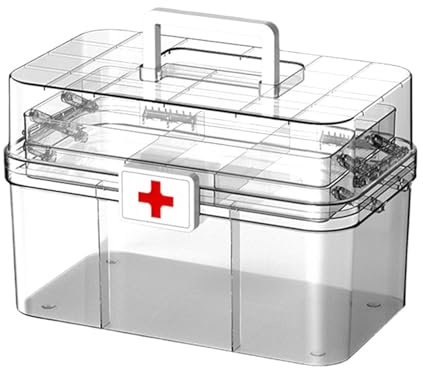 Scatola portaoggetti organizer per medicinali – Scatola portaoggetti per pillole a 3 strati, armadietto per farmacia | Organizzatore di astuccio per medicina familiare di grande capacità con maniglia