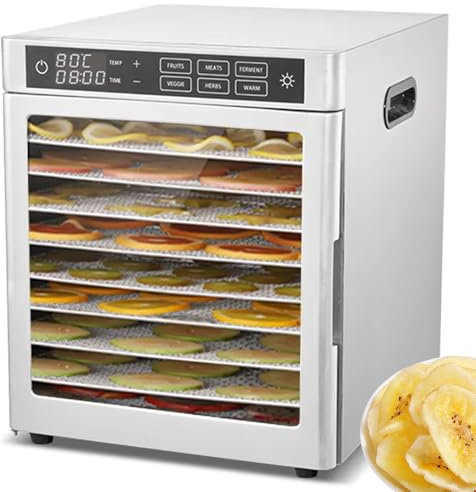 Disidratatore Alimentare a 10 Livelli, Essiccatore Elettrico per Alimenti da 800 W, Pannello Touch con Timer 24 Ore, Temperatura Regolabile 30-85 ℃ e Display a LED, Essiccatore per Alimenti in Acciaio