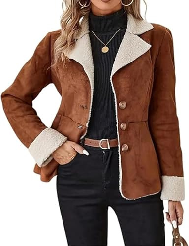 Damen Winter Sherpa Gefüttert Kunstleder Jacke Casual Warm Wildleder Blazer Jacke Revers Tasche Outdoor Jacke, braun, L