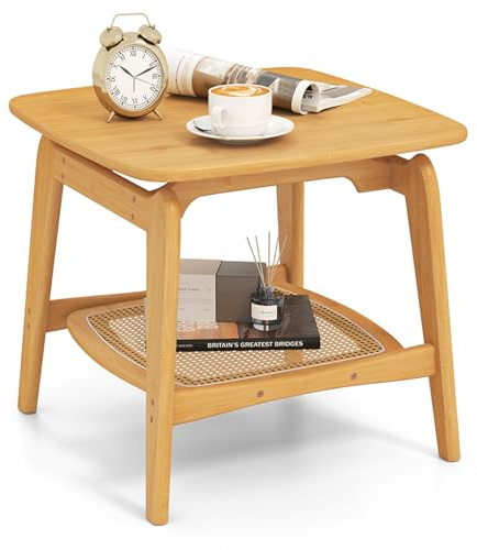 COSTWAY Bamboo Side Table, 2-Tier Boho Nightstand Bedside Sofa End Table with Faux Rattan Storage Shelf, Square Accent Tea Table for Living Room Bedroom, 55 x 55 x 50cm, Natural