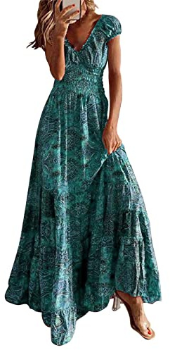 Sommerkleid Damen Lang A Linie Korsett Maxikleider Vintage Blumen Kleider Frauen Sommer Elegant V Ausschnitt Sommerkleider Leicht Und Luftig Damenkleider Maxi Schwingen Blumenkleid Kurzarm