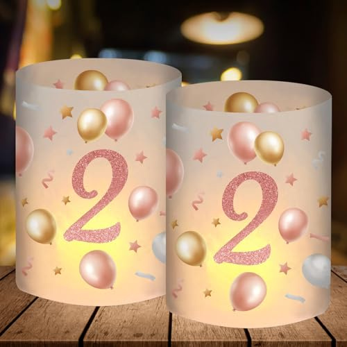 12 Windlicht Tischdeko, Deko 2. Geburtstag Mädchen, Geburtstagsdeko 2 Jahre Mädchen, Kindergeburtstag Deko 2 Jahre, Happy Birthday Tischdeko Rosegold, Geeignet für Teelichter oder Kerzen