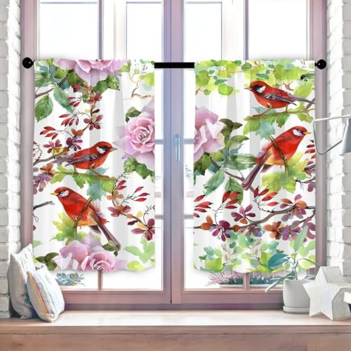 Highdi Scheibengardinen Küche Modern, 3D-Druck lichtdurchlässig Bistrogardine mit Rod Tasche | Küchengardinen Fenstergardinen Landhausstil -2er Set H90 x B60cm, Roter Vogel