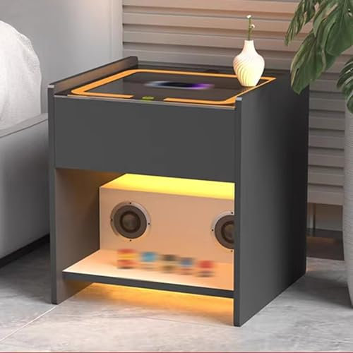 Smart Bedside Table LED Bedside Table with Drawer, Small Side Cabinet with Charging Station and Bluetooth Audio for Living Room Bedroom Furniture (Black,