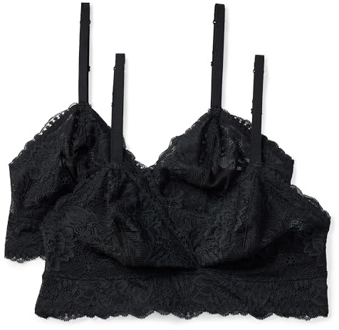 Amazon Essentials Bralette Triangle en Dentelle Galloon Extensible Femme, Lot de 2, Noir, M
